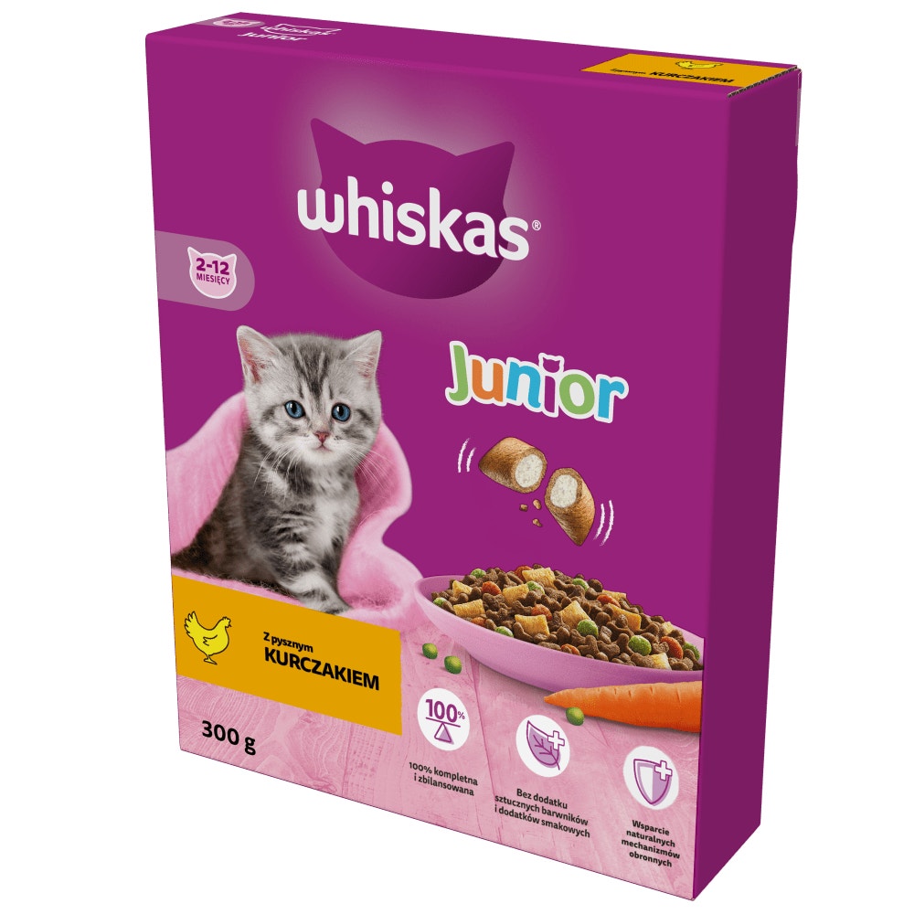 WHISKAS® Junior Sucha Karma z kurczakiem 300g, 800g, 1.4kg​ & 14kg - 1